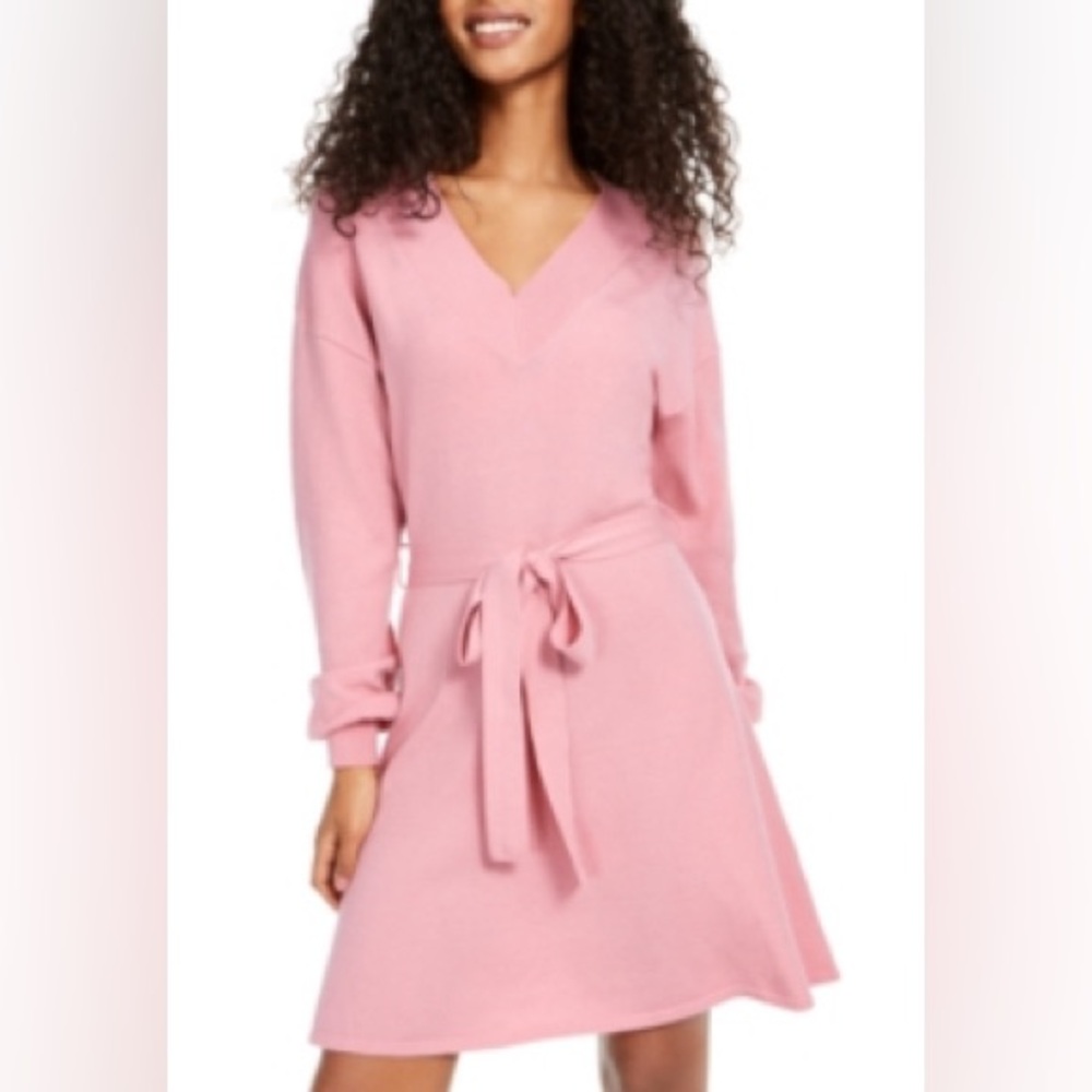 Sequin Hearts Medium Rose Pink Pullover Super Soft Tie Front Sweater VNeck Dress